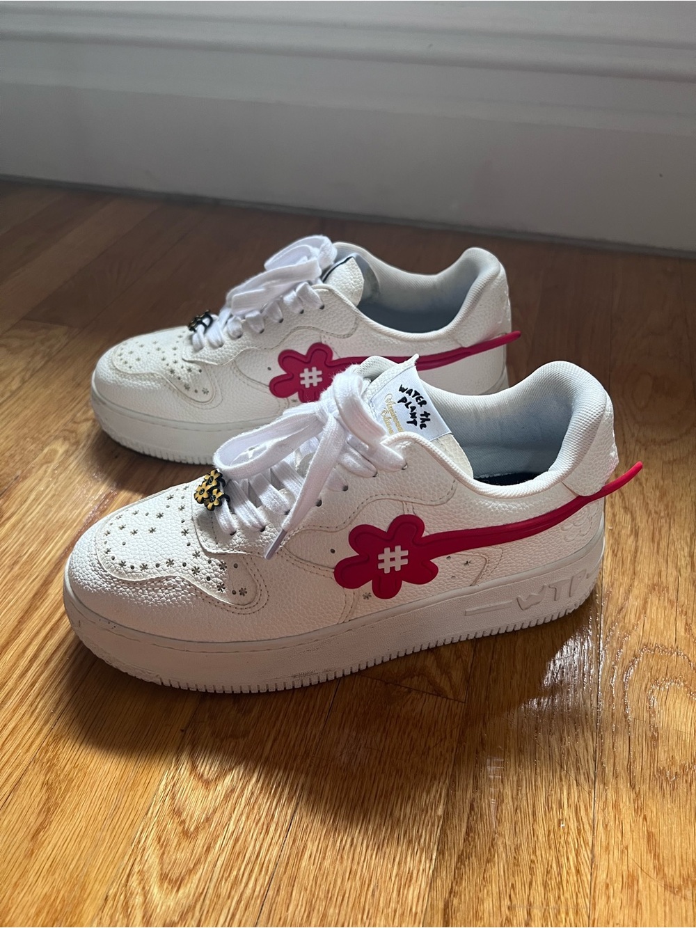Water the Plant White Sneakers with Red Flower Details